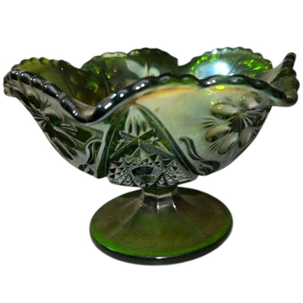 Vintage Green Iridescent Imperial Carnival Glass Footed Bowl